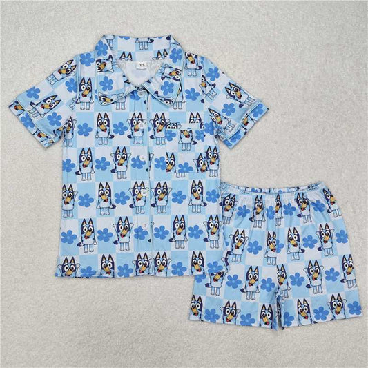 4.9  GSSO1803 Adult female bluey flower blue plaid short-sleeved shorts pajamas set