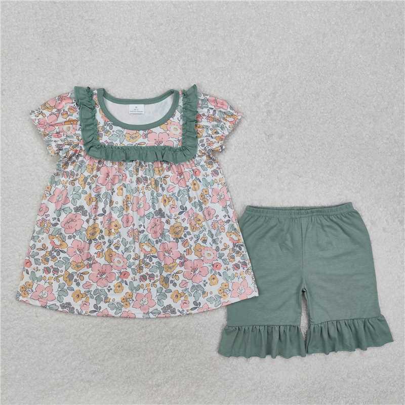 GSSO1607 Flower and leaf green lace short-sleeved shorts set