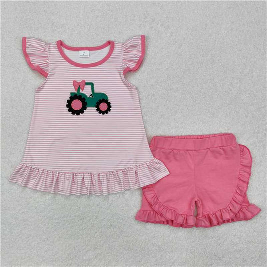 GSSO1757 Embroidered Farm Tractor Pink Striped Fly Sleeve Shorts Set