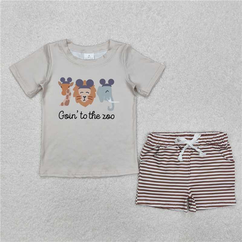 BSSO1109 zoo giraffe lion elephant animal short-sleeved striped shorts suit