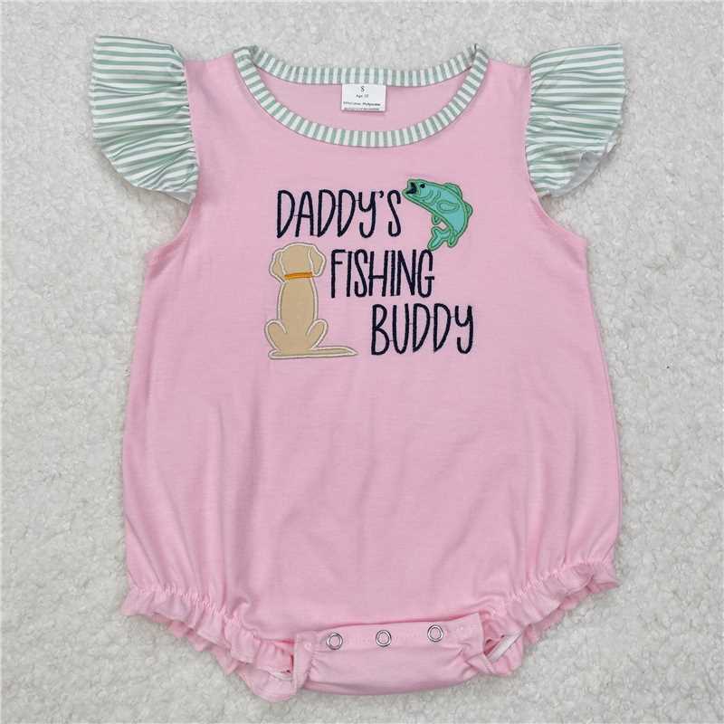 3.5 SR2337 Embroidered daddy's fishing buddy fish puppy striped pink vest jumpsuit