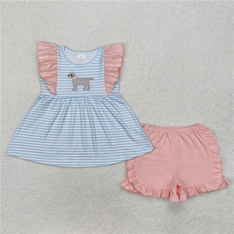 GSSO1563 Embroidered puppy blue stripes pink lace sleeveless shorts set