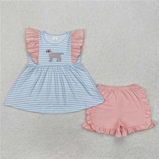 GSSO1563 Embroidered puppy blue stripes pink lace sleeveless shorts set