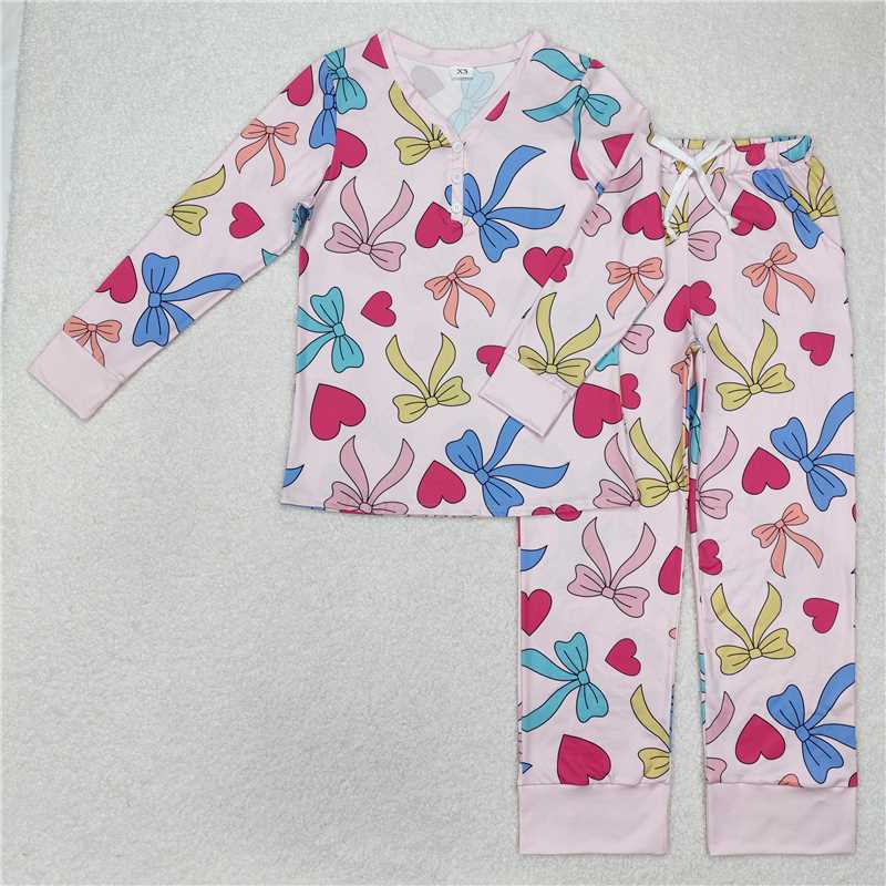 4.9 GLP2275 Adult female Valentine's Day love colorful bow pattern pink long-sleeved long pants pajamas set