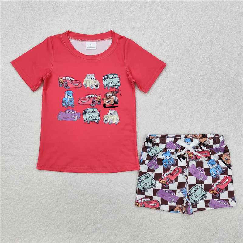 BSSO1159 cars cartoon car red short-sleeved plaid shorts suit