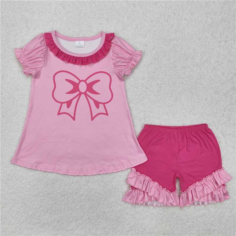 GSSO1531 Bow pattern rose red lace pink short-sleeved shorts set