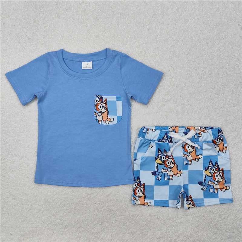 BSSO1211 bluey plaid pocket blue short-sleeved shorts set