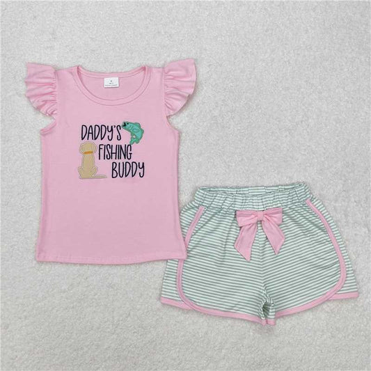 GSSO1673 Embroidered daddy's fishing buddy fish puppy pink flying sleeve striped shorts set