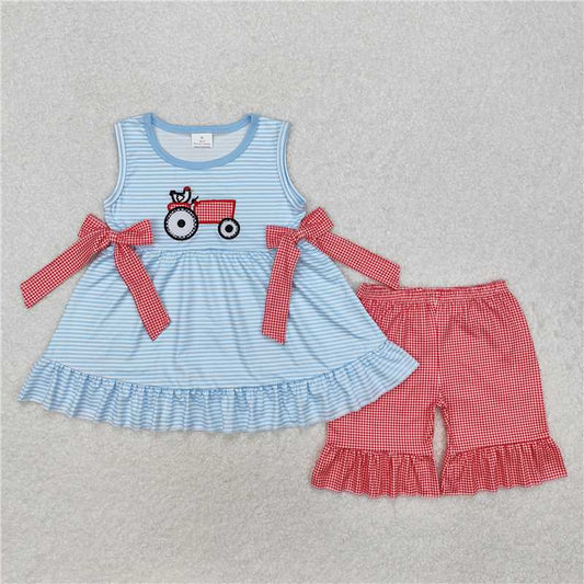 GSSO1728 Embroidered chicken tractor red plaid bow blue striped sleeveless shorts set