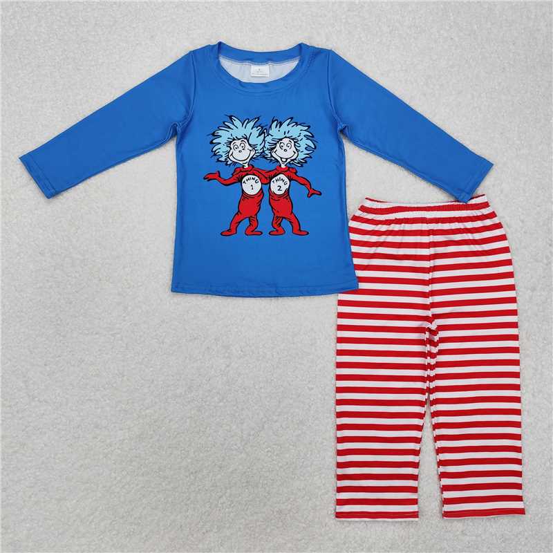3.10BLP1027 Dr Seuss blue long-sleeved red striped trouser suit