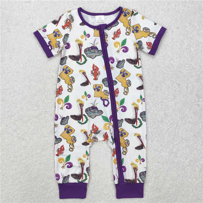 SR2394 Carnival Animal Purple and White Zipper Short Sleeve Bodysuit
