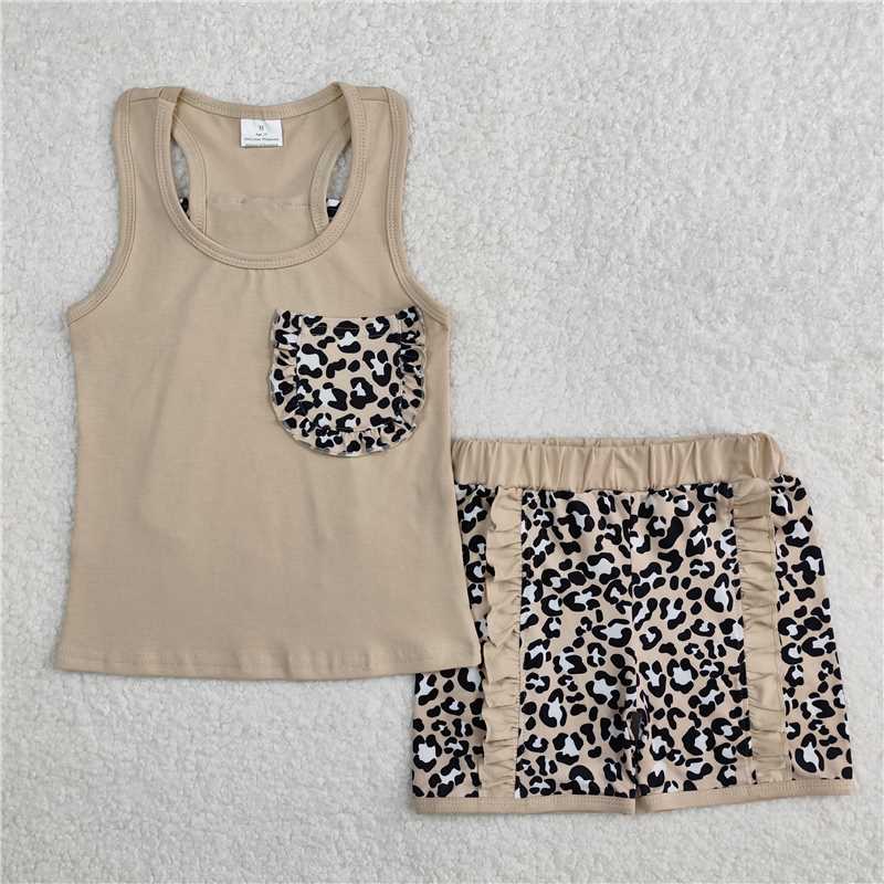 3.5 GSSO1979 Leopard print pocket bow solid brown vest shorts set