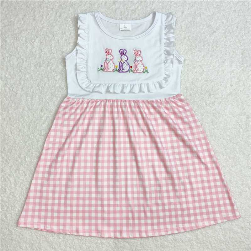 3.4GSD1696 Embroidered Easter bunny flower pink plaid sleeveless dress