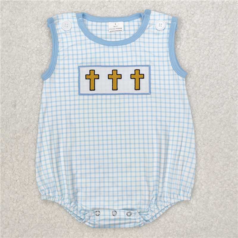 3.5 SR2505 Embroidered Easter Cross Blue Plaid Vest Bodysuit