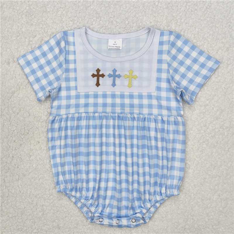 3.5 SR2134 Embroidered cross blue plaid short-sleeved jumpsuit