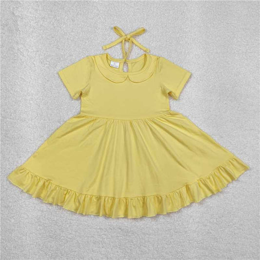 3.4GSD1916 Solid yellow lace short-sleeved dress with baby collar
