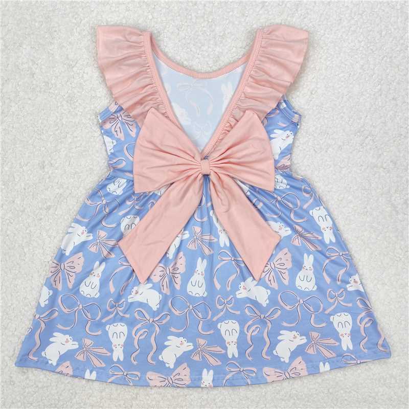 3.5 GSD1829 Easter bunny pink lace bow blue sleeveless dress