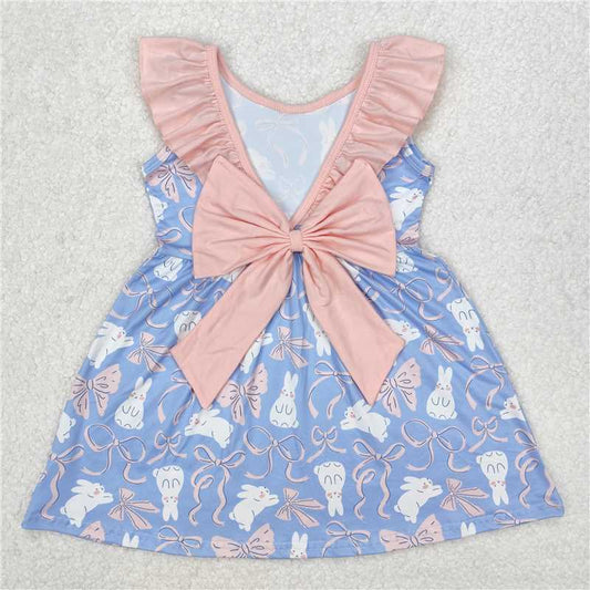 3.5 GSD1829 Easter bunny pink lace bow blue sleeveless dress