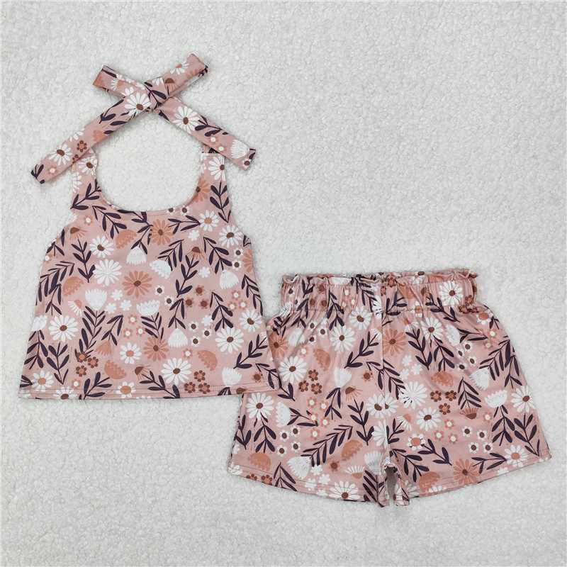 3.5 GSSO1870 Flower and leaf sleeveless shorts set