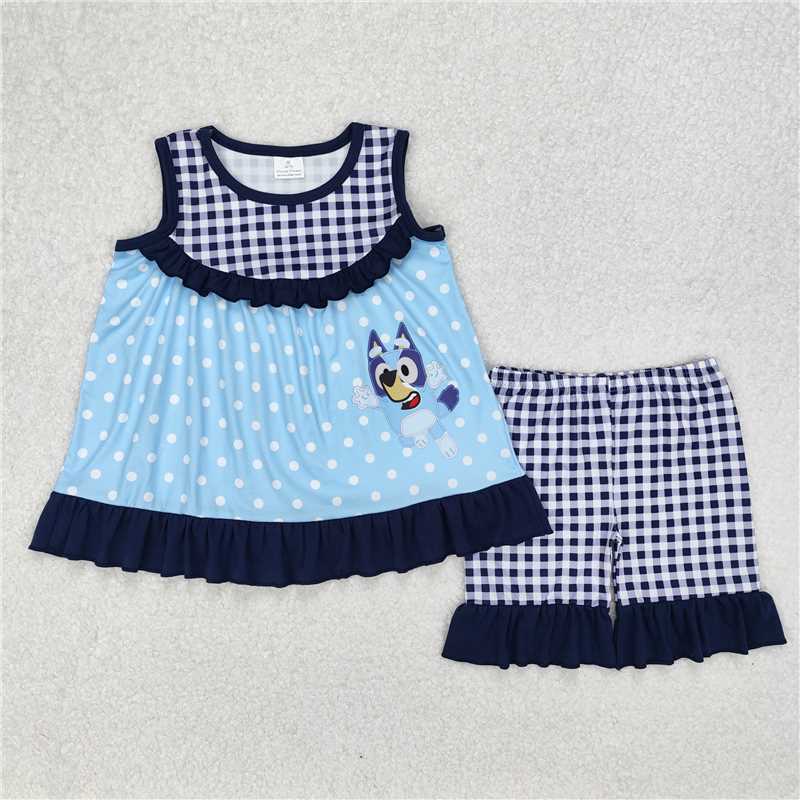 3.11 GSSO2124 bluey blue lace plaid polka dot sleeveless shorts set