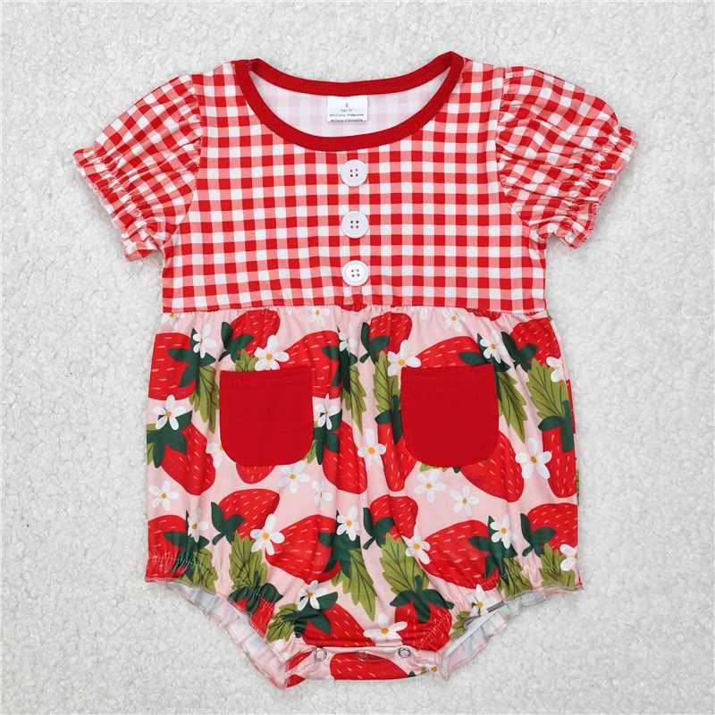 3.11 SR2307 Strawberry flower leaf pocket red plaid short-sleeved jumpsuit