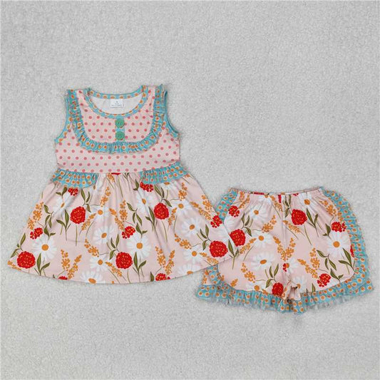 3.11GSSO2067 Flower and leaf pink polka dot sleeveless shorts set