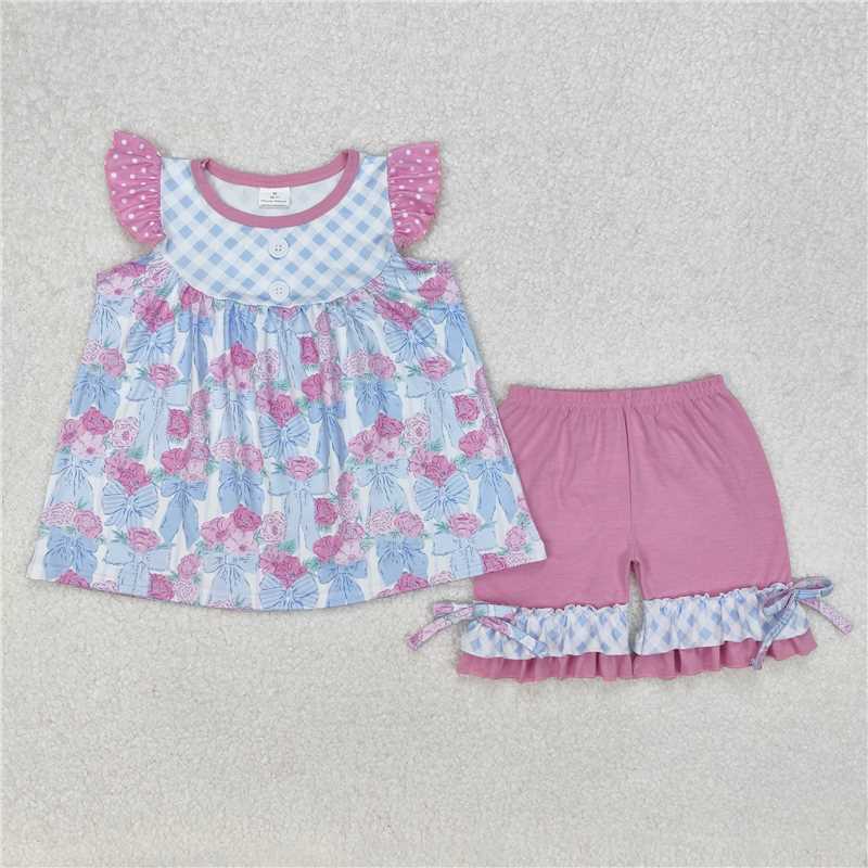3.11 GSSO1642 Flower, leaf, bow pattern blue plaid polka dot flying sleeve shorts set