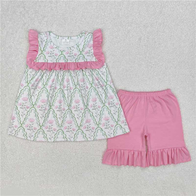 3.11 GSSO2013 Flower leaf green plaid pink lace sleeveless shorts set