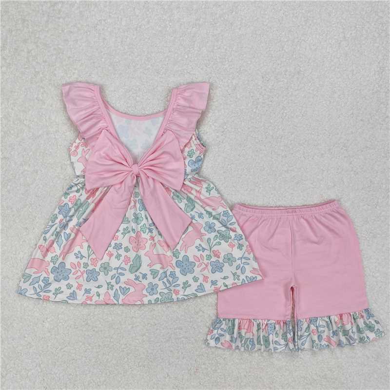 3.10 GSSO1881 Easter bunny flower leaves pink lace beige sleeveless shorts set