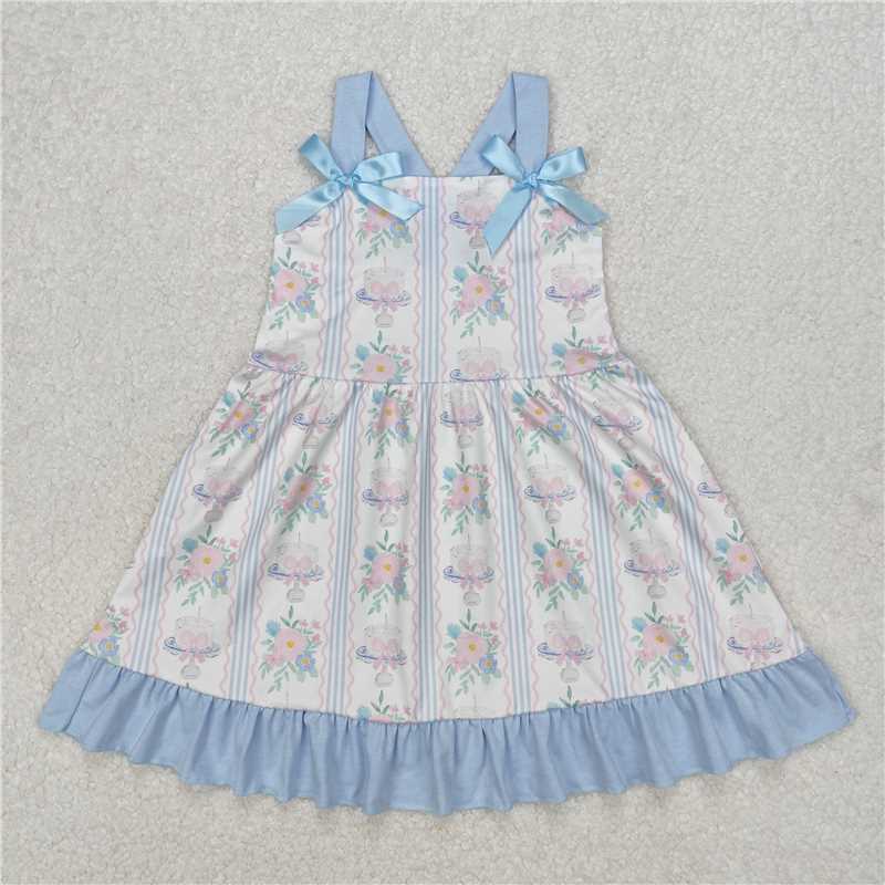 3.11 GSD1946 White sleeveless dress with flowers, leaves, blue stripes, wavy lines, pink bow pattern