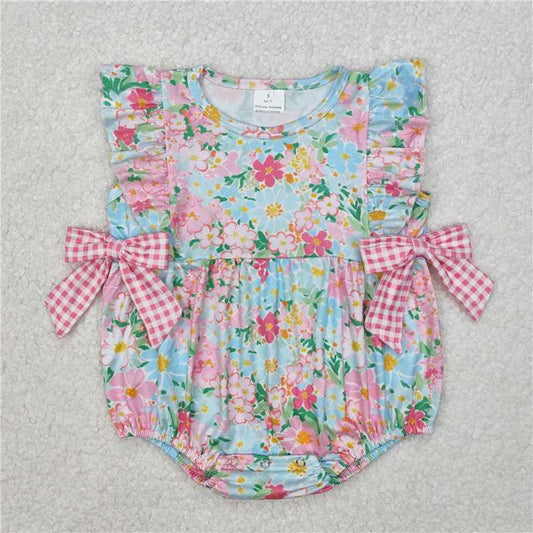 3.11 SR2719 Floral pink plaid bow lace sleeve vest jumpsuit