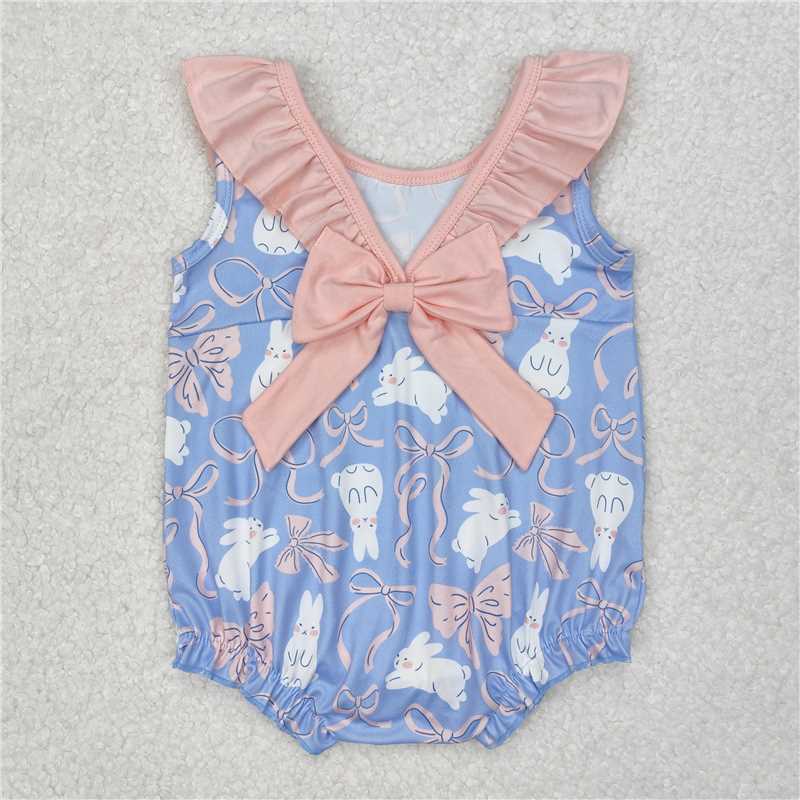 3.11SR2583 Easter bunny pink lace bow blue vest jumpsuit
