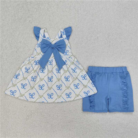 3.10 GSSO2109 Bow pattern plaid blue and white flying sleeve shorts set