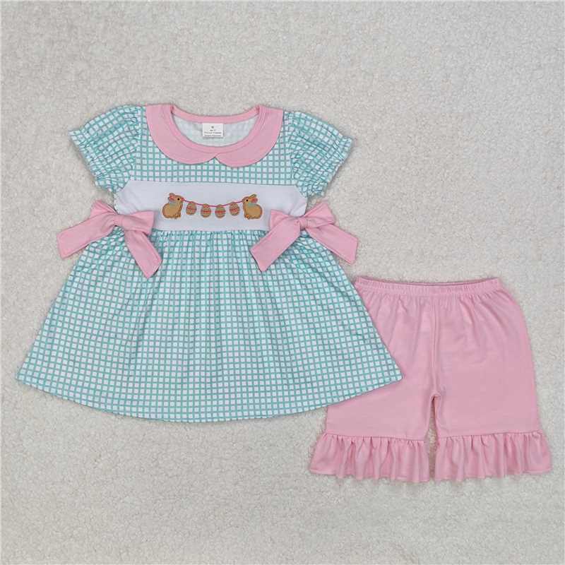 3.10GSSO1882 Embroidered Easter bunny egg pink bow doll collar plaid short-sleeved shorts suit