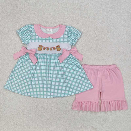 3.17  GSSO1882 Embroidered Easter bunny egg pink bow doll collar plaid short-sleeved shorts suit