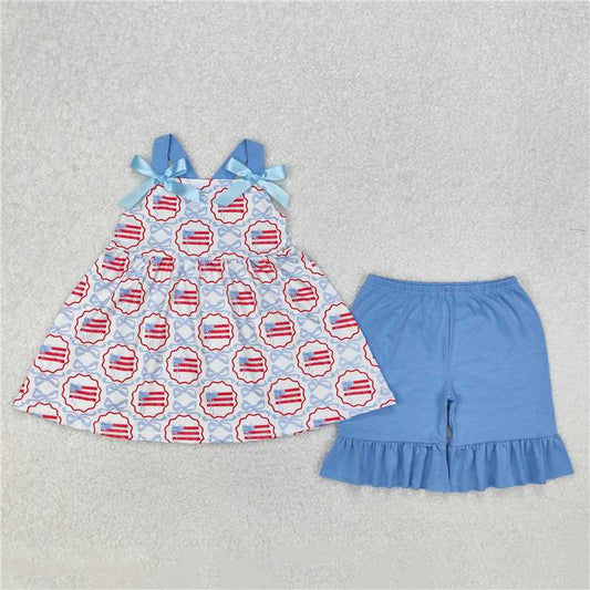 3.10 GSSO2074 National flag blue bow pattern white suspender lace shorts set