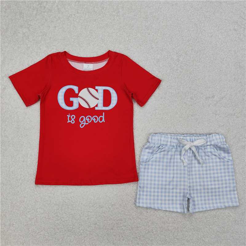 4.2  BSSO1248 god is good baseball red short sleeve blue plaid shorts set