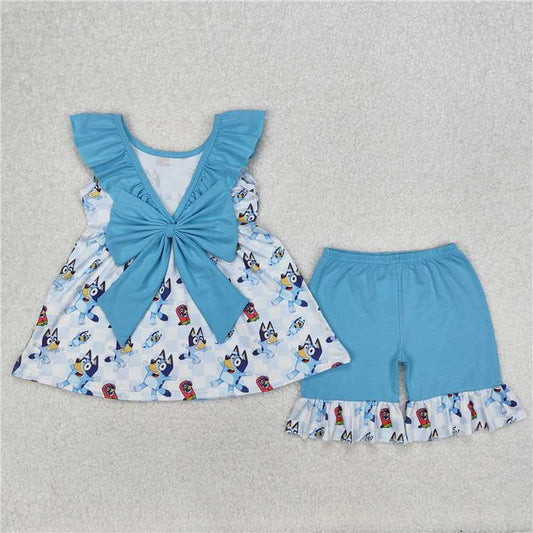 3.10 GSSO1886 bluey lace bow blue and white plaid sleeveless shorts suit