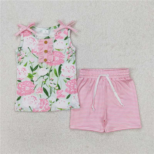 3.24 GSSO2357 Flower and leaf button green sleeveless pink striped shorts set