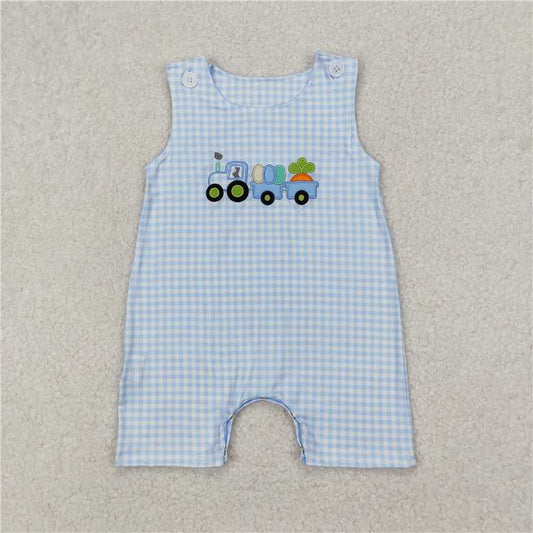 5.10  SR2402 Embroidered Easter Egg Carrot Tractor Blue Plaid Sleeveless Bodysuit