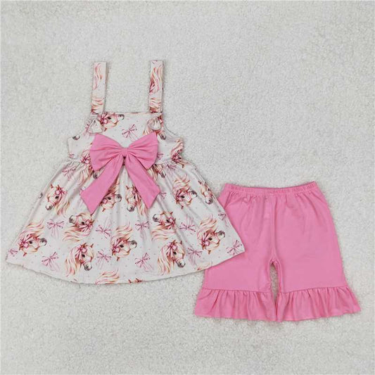 3.24 GSSO2100 Pink bow pattern pony lace sleeveless shorts set