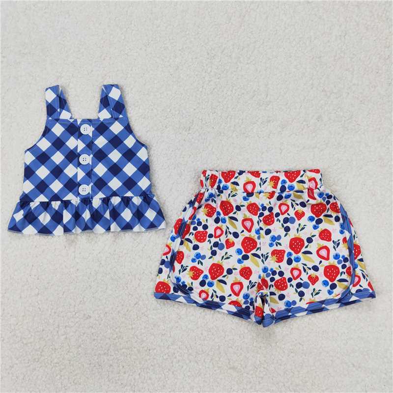 3.24 GSSO2025 Blue plaid suspenders blueberry strawberry shorts set