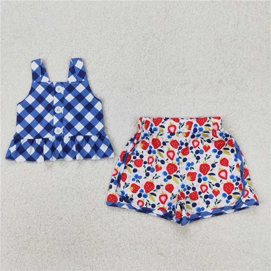 3.24 GSSO2025 Blue plaid suspenders blueberry strawberry shorts set