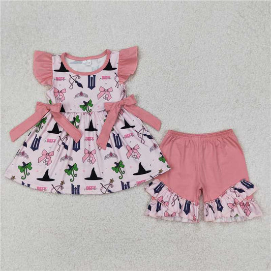 3.24  GSSO2006 Cartoon witch hat crown pink lace bow pattern flying sleeve shorts suit