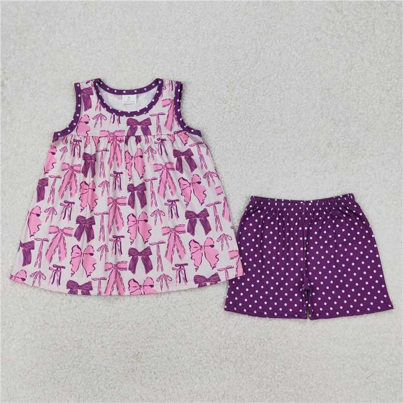 3.24  GSSO2105 Pink and purple bow pattern white sleeveless polka dot shorts set