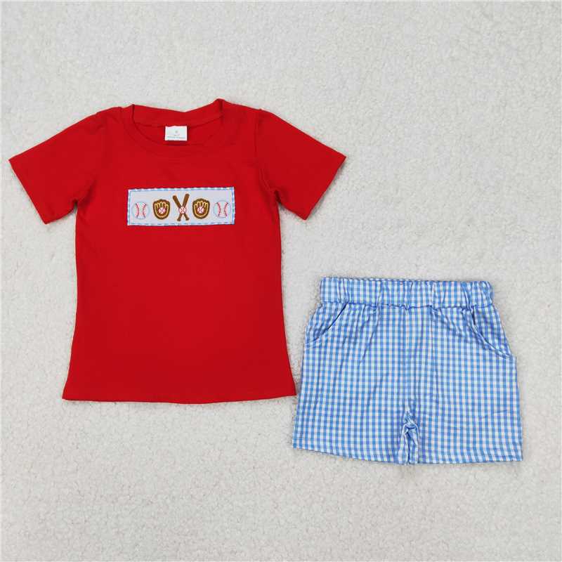 4.2 BSSO1283 Embroidered baseball bat gloves embroidered red short sleeve blue plaid shorts set