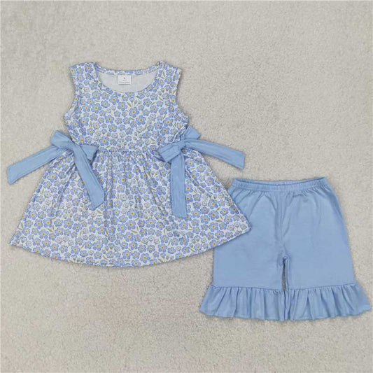 4.7 GSSO2204 Blue flower bow sleeveless shorts set