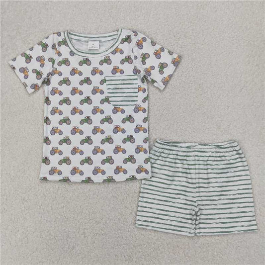 4.7  BSSO1354 Farm tractor stripe pocket white short sleeve shorts set