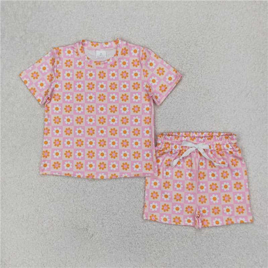 4.7  GSSO2425 Flower pink and yellow plaid short-sleeved shorts set