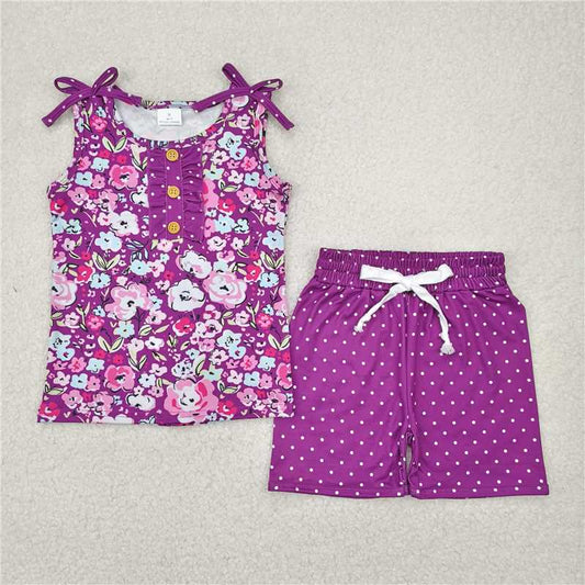 4.7 GSSO2358 Flower purple sleeveless polka dot shorts set